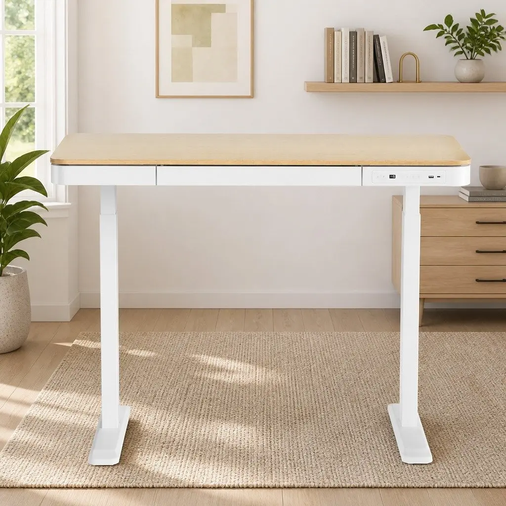 Electric Sit Stand Desk Walnut 120cm Motorised Height Adjustable with Storage Drawer and USB Charging Ports