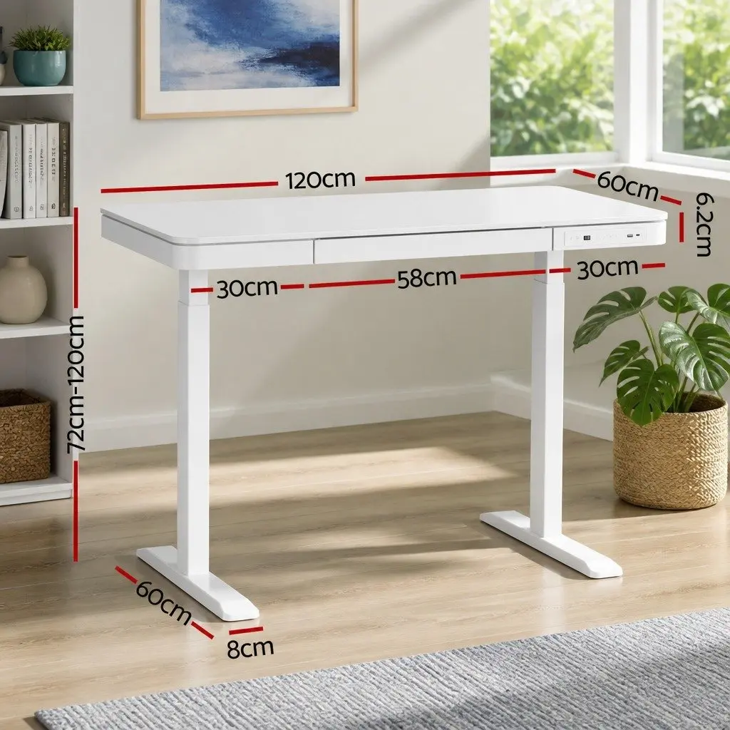 Electric Standing Desk White 120cm Motorised Height Adjustable with Drawer