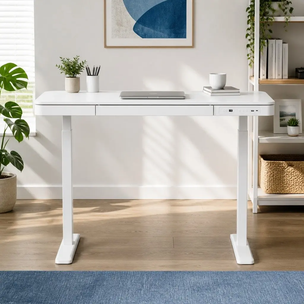 Electric Standing Desk White 120cm Motorised Height Adjustable with Drawer