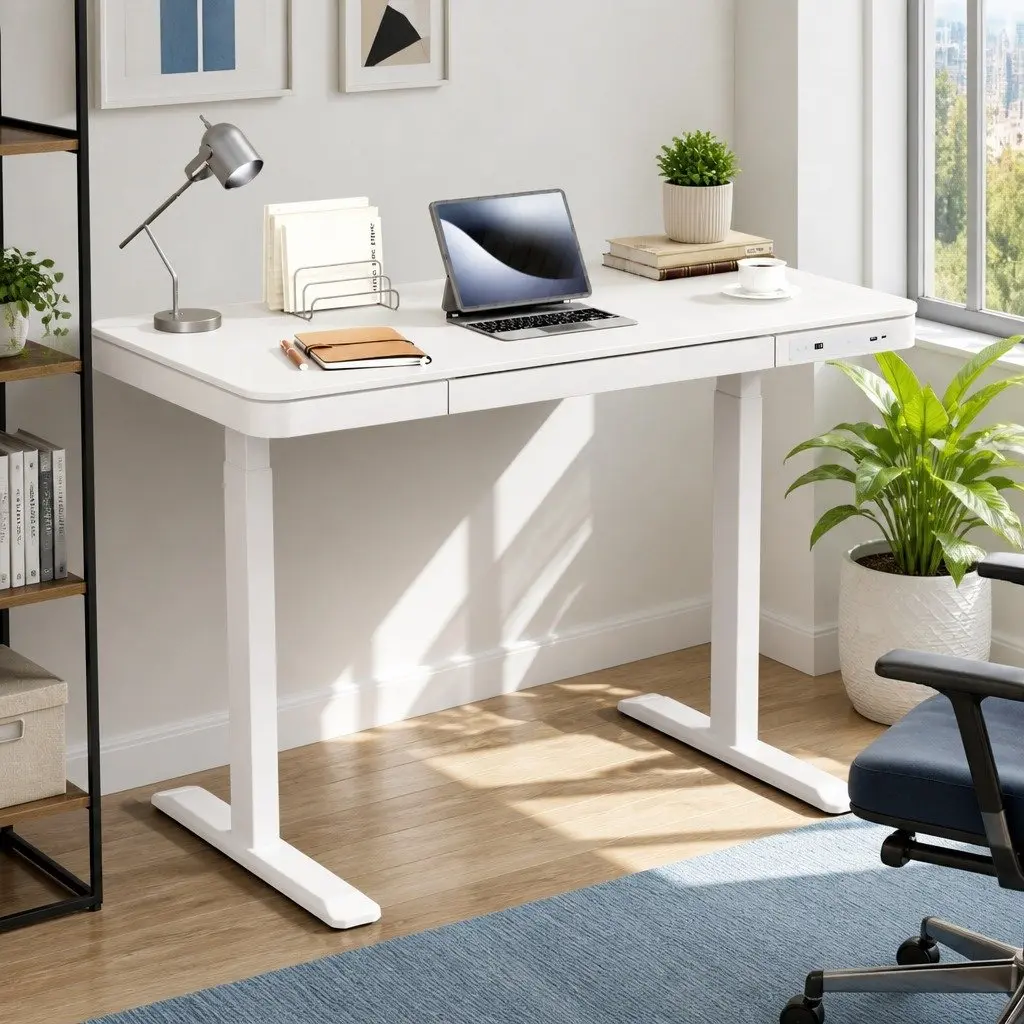 Electric Standing Desk White 120cm Motorised Height Adjustable with Drawer