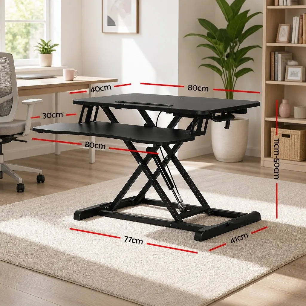 Height Adjustable Standing Desk Riser Black 80cm Stepless Height Adjustment with Removable Keyboard Tray
