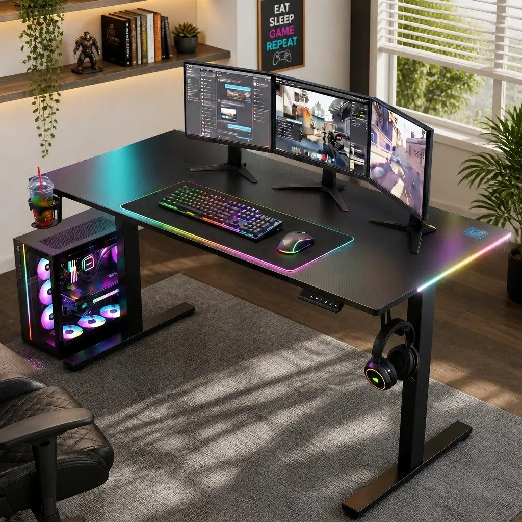 Electric Standing Desk Black 140cm Height Adjustable Digital Memory Control RGB LED