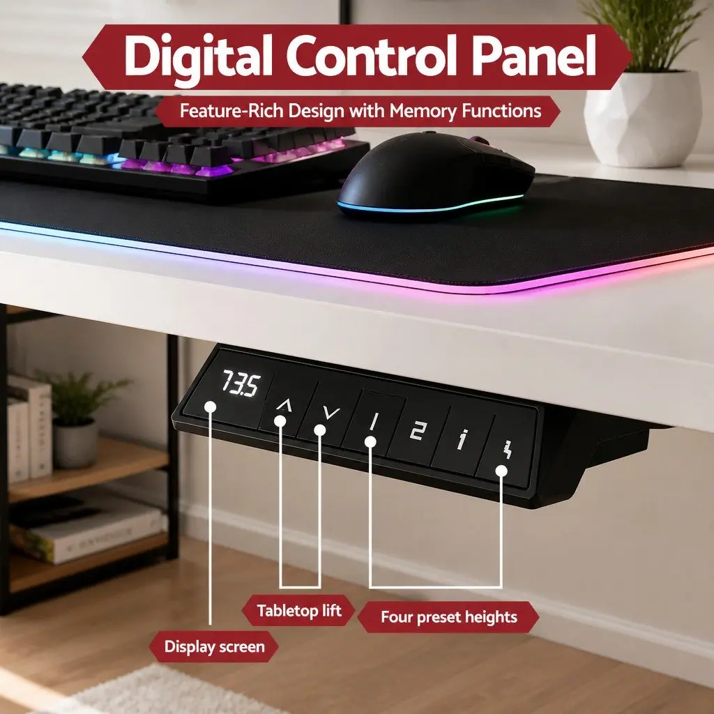 Electric Standing Desk White 140cm Height Adjustable Digital Memory Control RGB LED