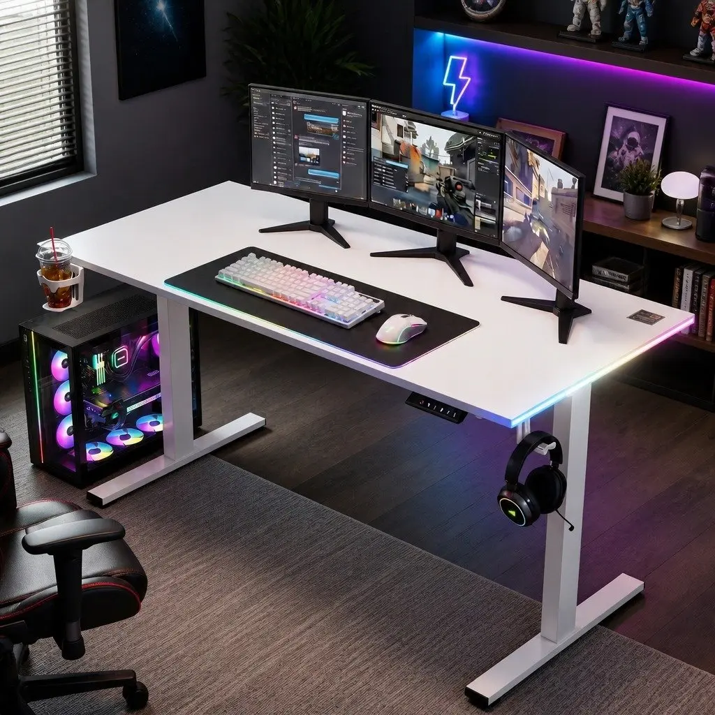 Electric Standing Desk White 140cm Height Adjustable Digital Memory Control RGB LED