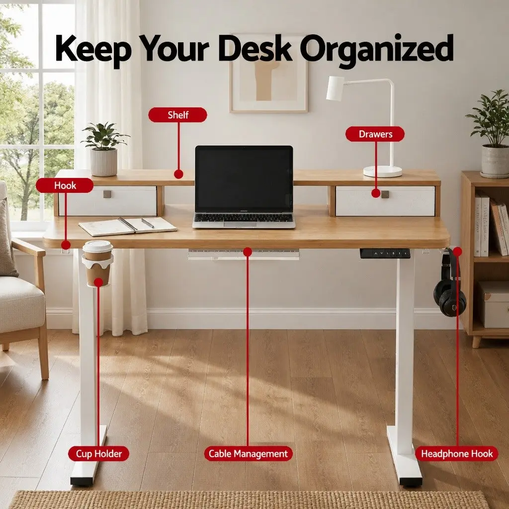 Electric Standing Desk White Height Adjustable Motorised with Integrated Monitor Shelf and Storage