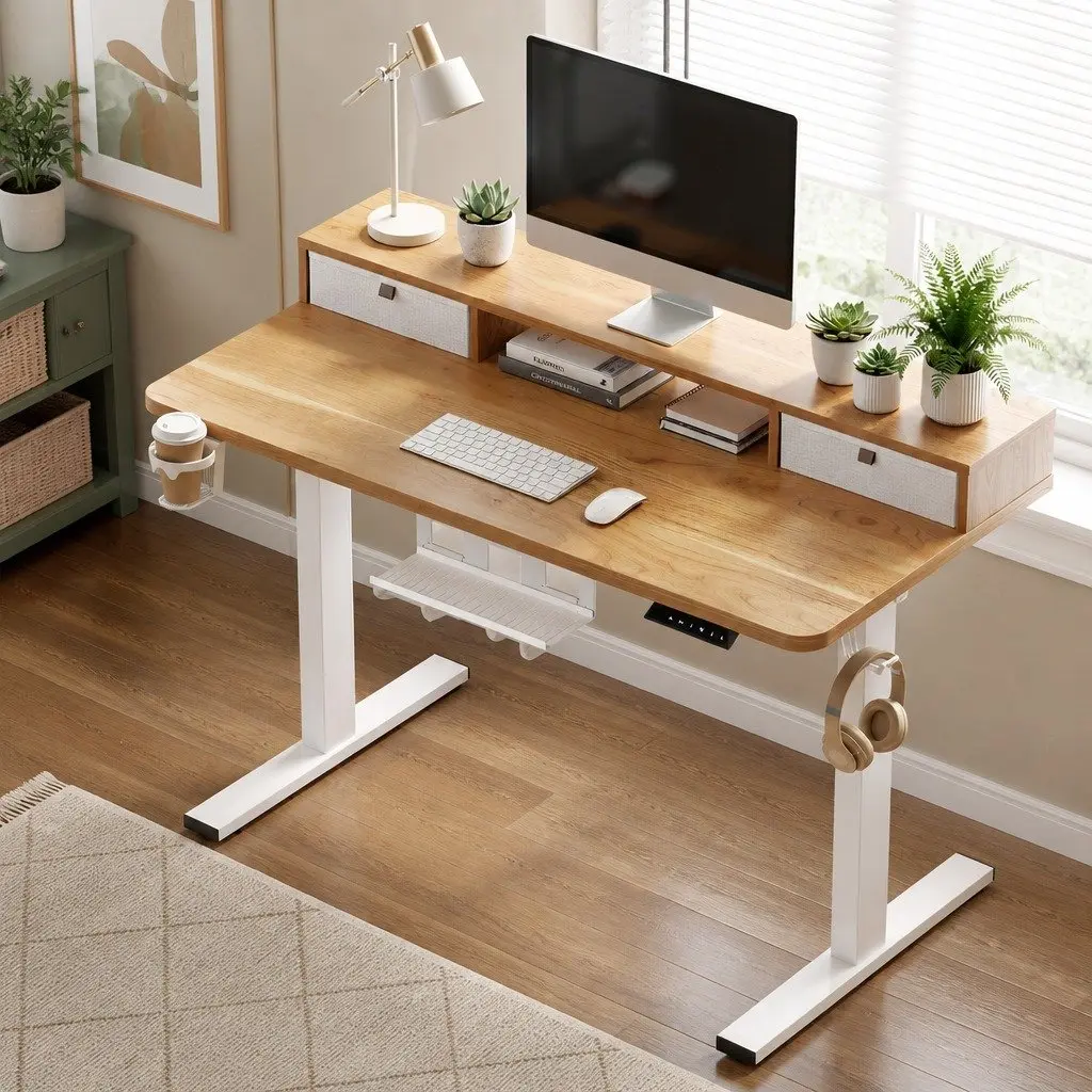 Electric Standing Desk White Height Adjustable Motorised with Integrated Monitor Shelf and Storage