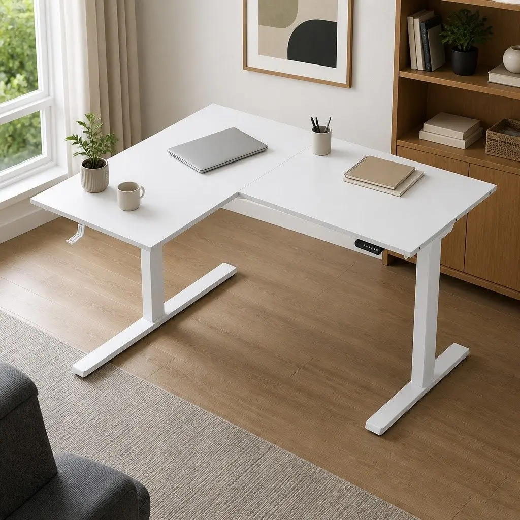 L-Shape Standing Desk Electric Height Adjustable Motorised White Oak Splicing Tabletop