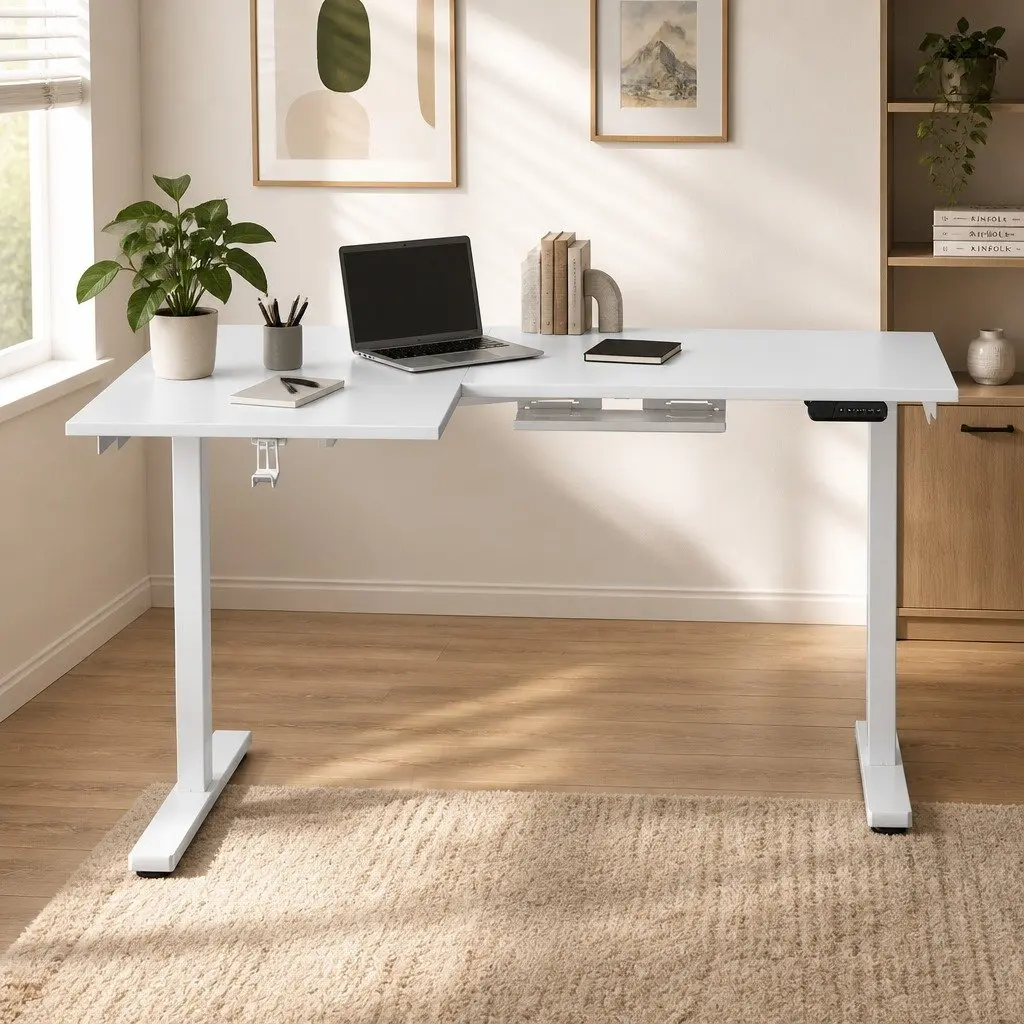 L-Shape Standing Desk Electric Height Adjustable Motorised White Oak Splicing Tabletop