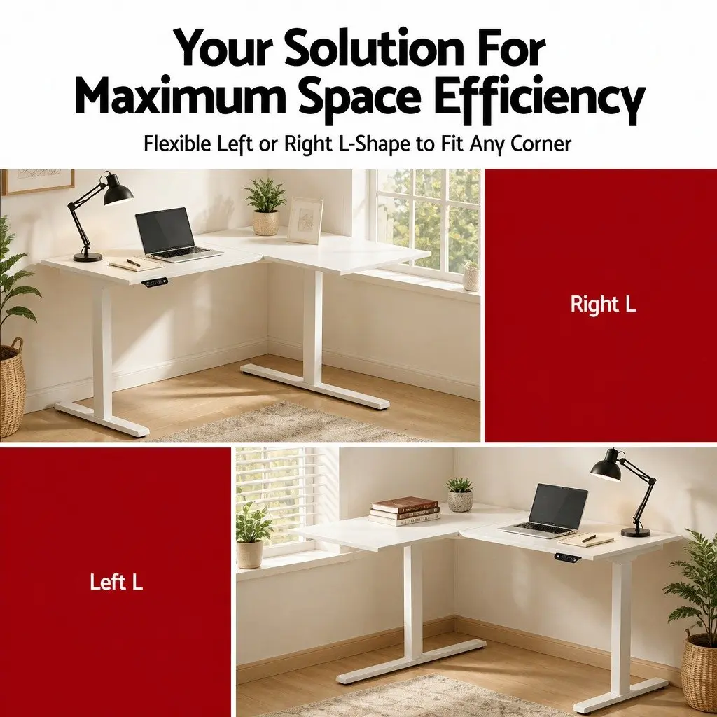 L-Shape Standing Desk Electric Height Adjustable Motorised White Oak Splicing Tabletop