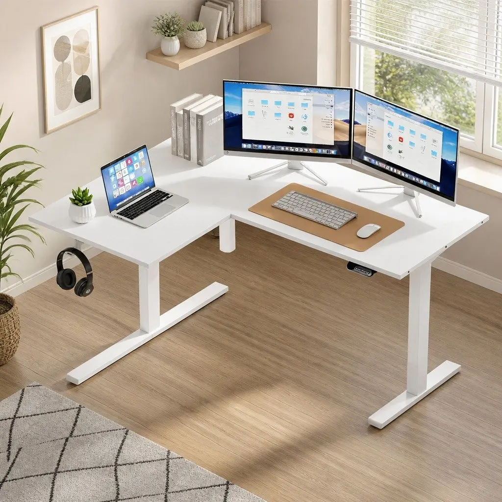 L-Shape Standing Desk Electric Height Adjustable Motorised White Oak Splicing Tabletop