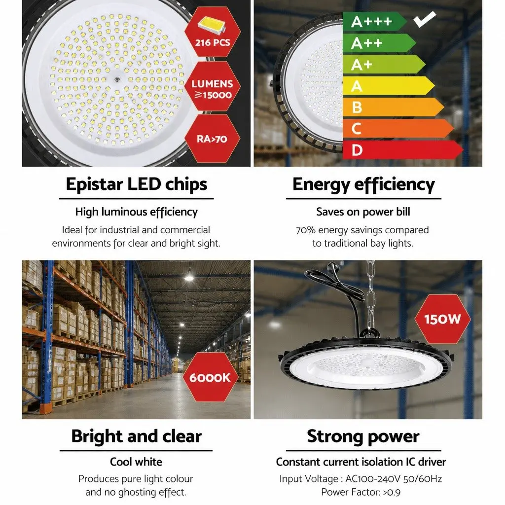 150W LED High Bay Light Black Industrial Workshop Ceiling Lamp Energy Saving