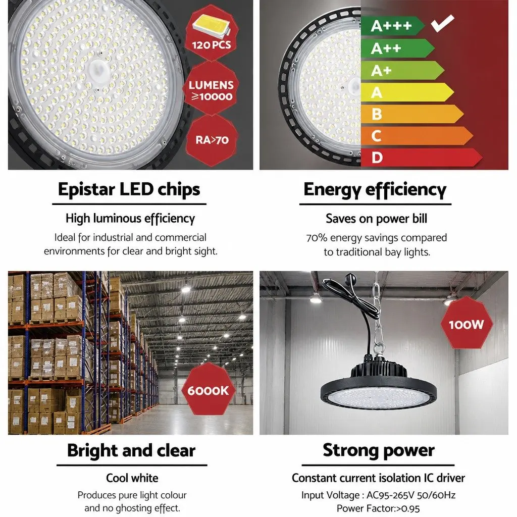 LED High Bay Light 100W UFO Industrial Workshop Warehouse Ceiling Lamp Black