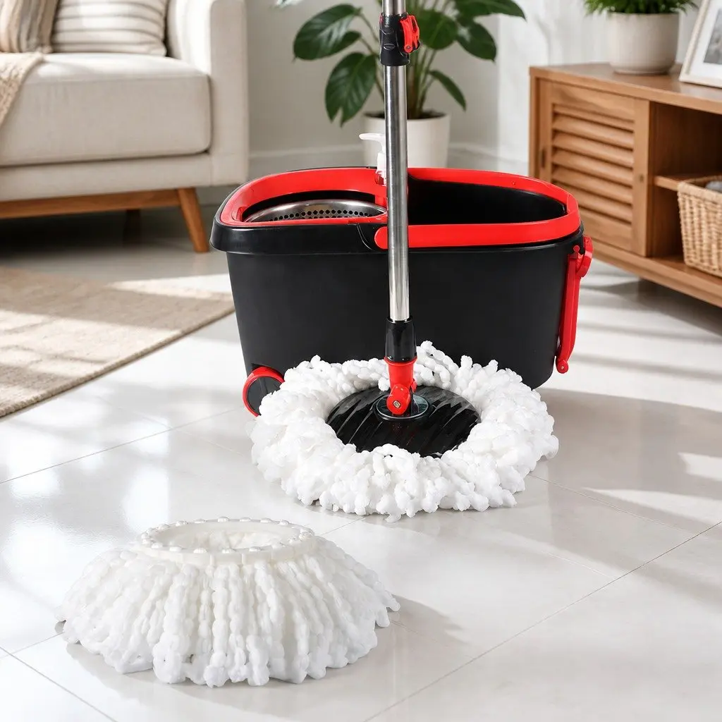 Mop Bucket Set Black Red 360 Degree Rotatable Head Microfibre Wet Dry Cleaning