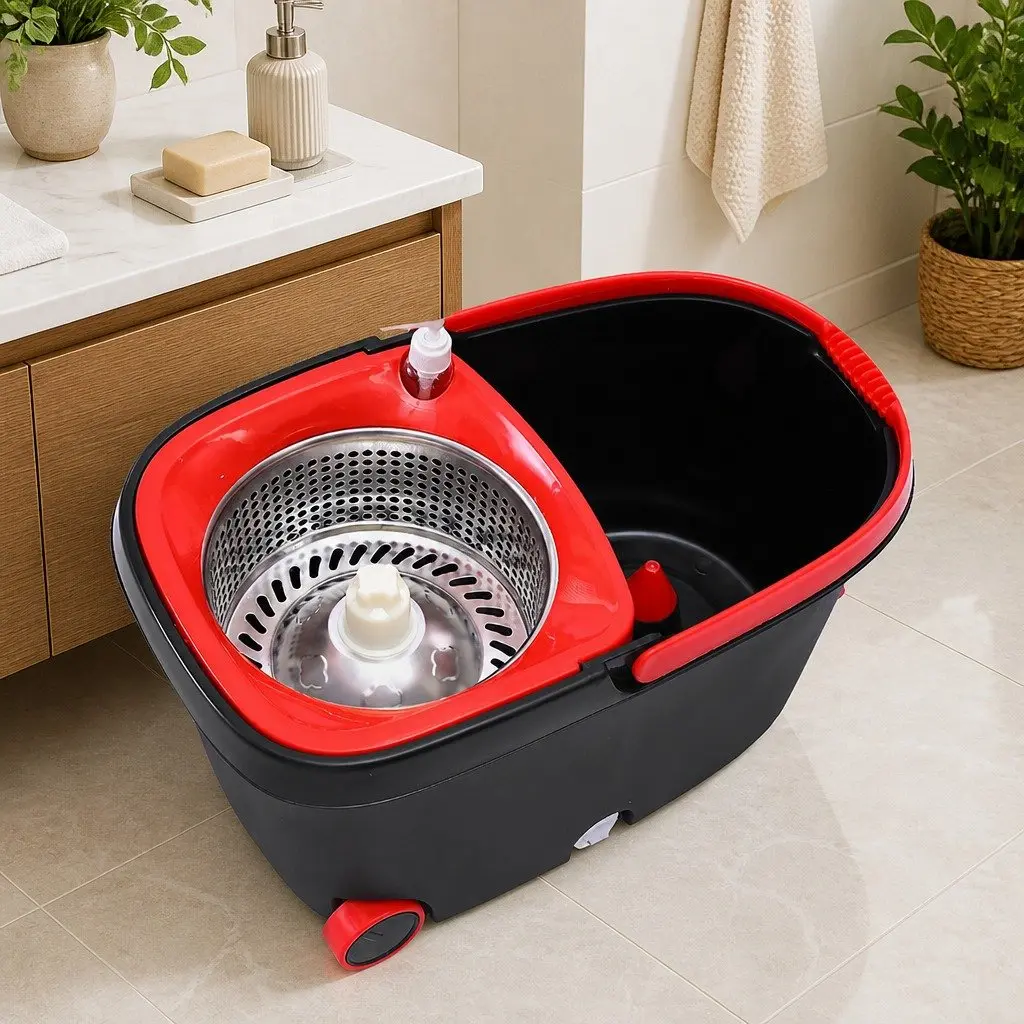 Mop Bucket Set Black Red 360 Degree Rotatable Head Microfibre Wet Dry Cleaning