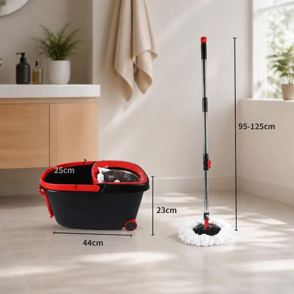 Mop Bucket Set Black Red 360 Degree Rotatable Head Microfibre Wet Dry Cleaning