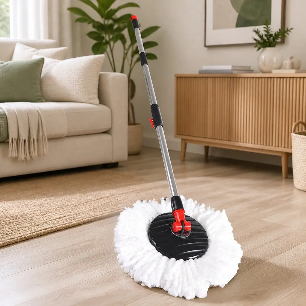 Mop Bucket Set Black Red 360 Degree Rotatable Head Microfibre Wet Dry Cleaning