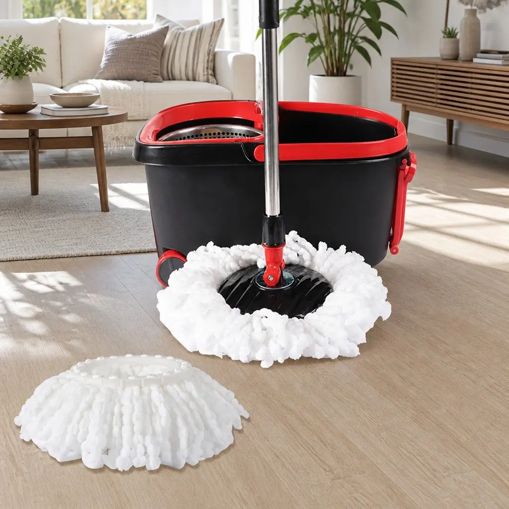 Mop Bucket Set Black Red 360 Degree Rotatable Head Microfibre Wet Dry Cleaning