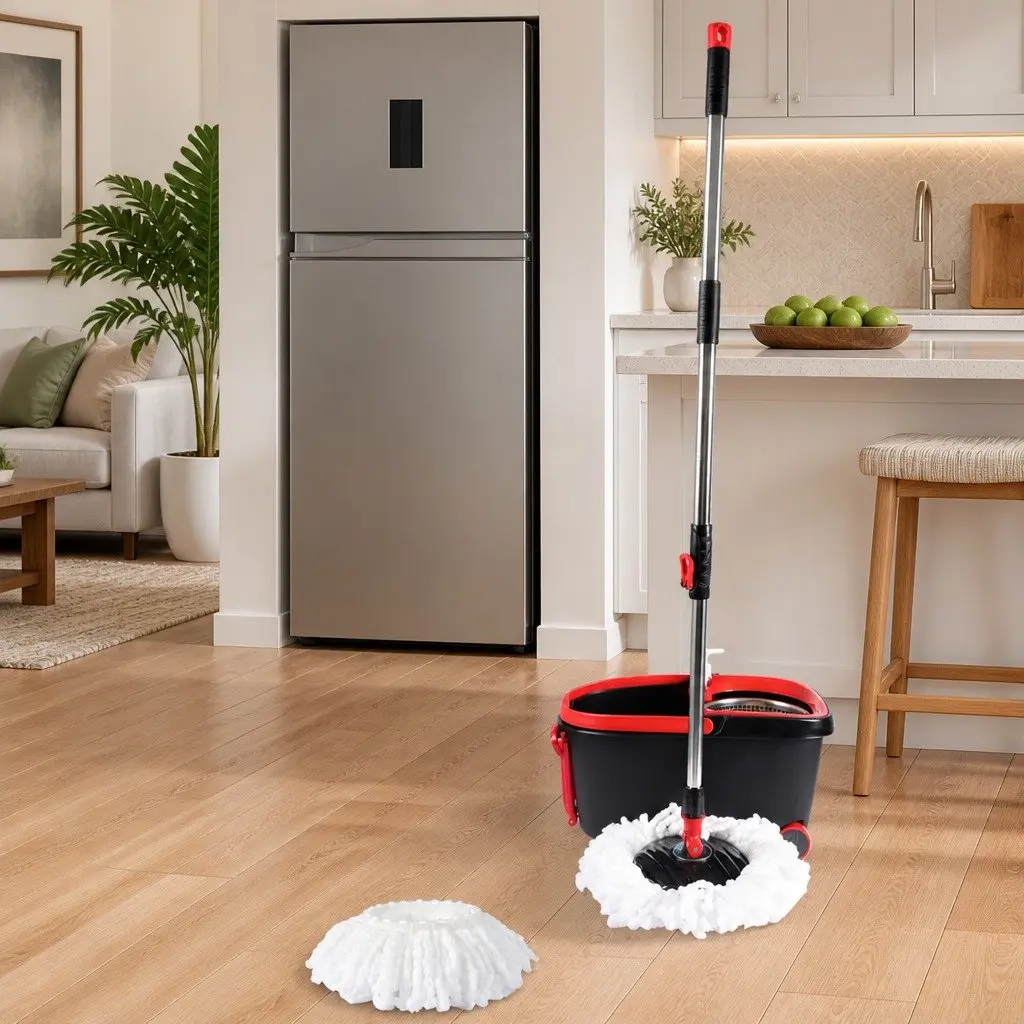 Mop Bucket Set Black Red 360 Degree Rotatable Head Microfibre Wet Dry Cleaning