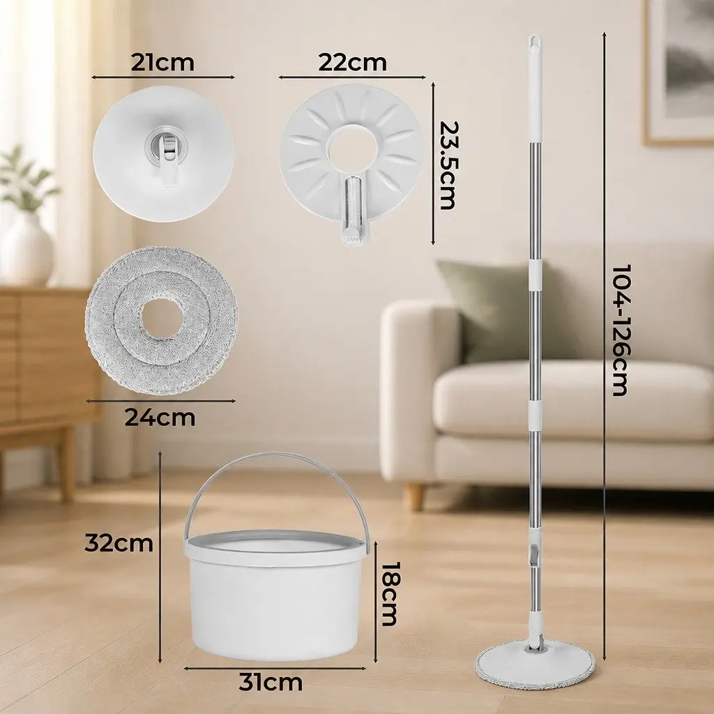 Mop and Bucket Set Grey Adjustable Microfibre Mop Head Wet Dry Cleaning System for Hard Floors
