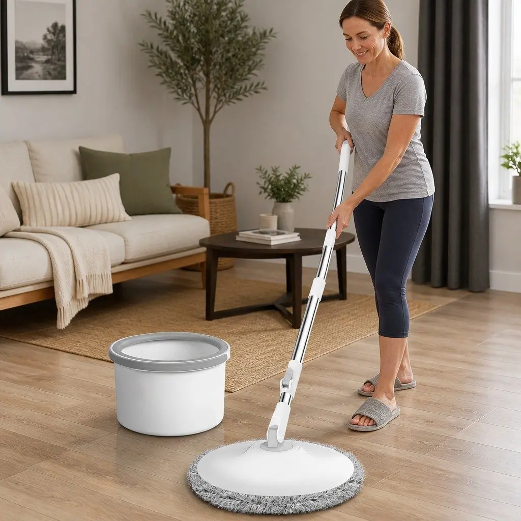 Mop and Bucket Set Grey Adjustable Microfibre Mop Head Wet Dry Cleaning System for Hard Floors