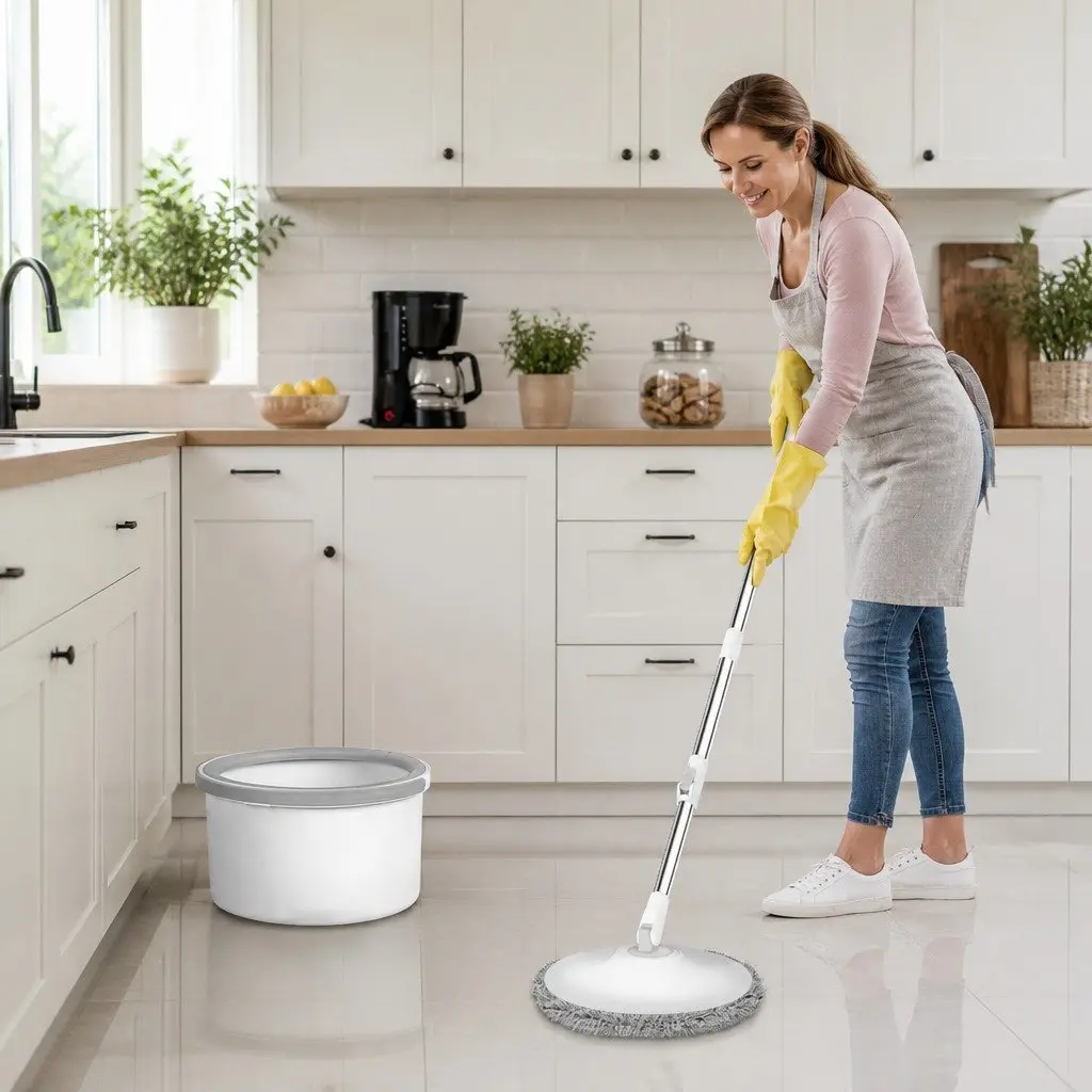 Mop and Bucket Set Grey Adjustable Microfibre Mop Head Wet Dry Cleaning System for Hard Floors