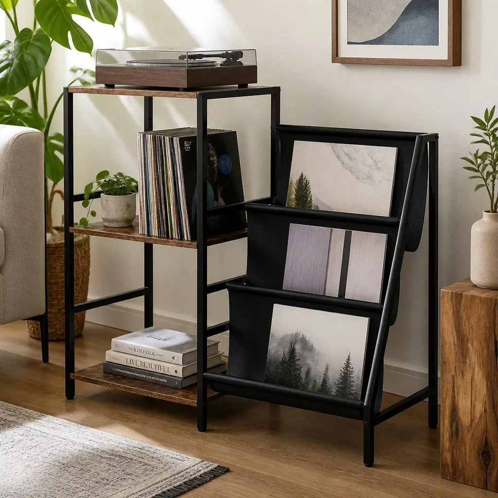 3-Tier Record Player Stand Brown and Black Compact Vinyl Storage Cabinet with Shelves for Turntable and Accessories