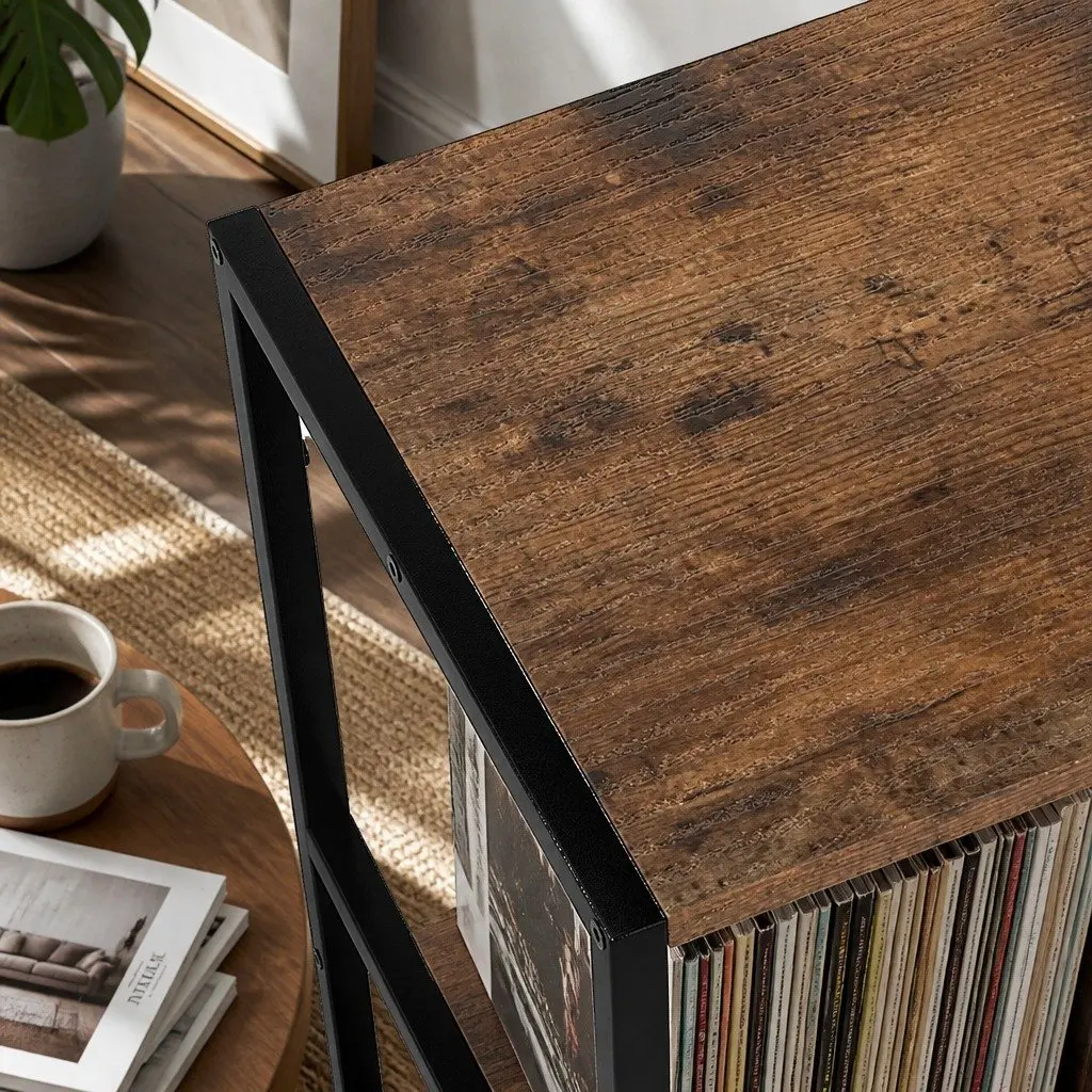 3-Tier Record Player Stand Brown and Black Compact Vinyl Storage Cabinet with Shelves for Turntable and Accessories
