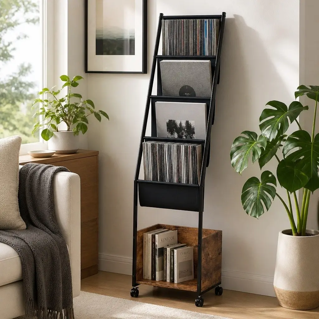 4-Tier Vinyl Record Player Stand Brown Black Storage Rack Holder Display Cabinet