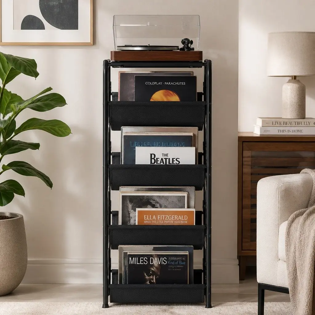 4-Tier Vinyl Record Player Stand Brown Black Storage Rack Holder Display Cabinet