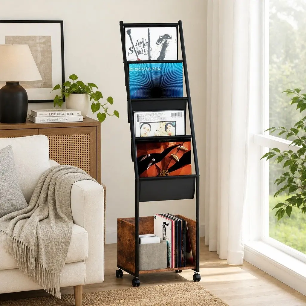 4-Tier Vinyl Record Player Stand Brown Black Storage Rack Holder Display Cabinet