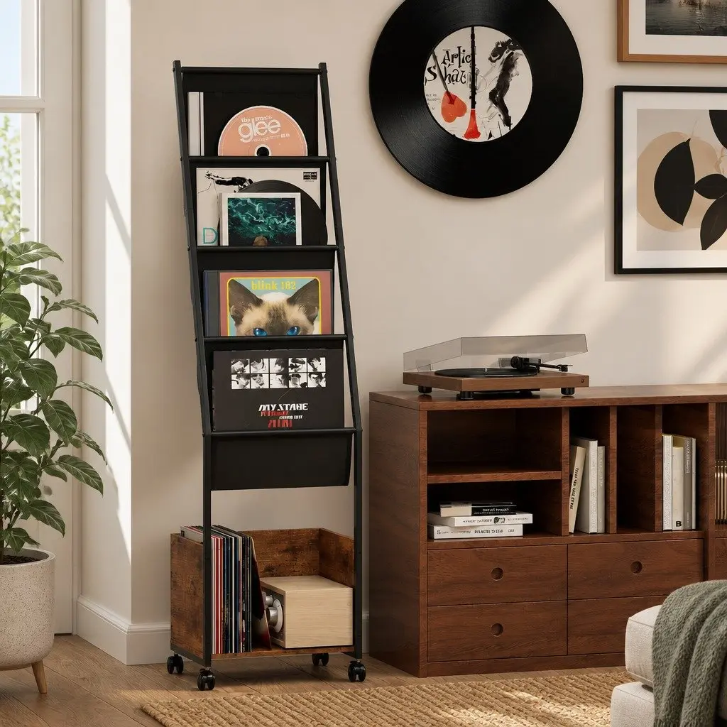 4-Tier Vinyl Record Player Stand Brown Black Storage Rack Holder Display Cabinet