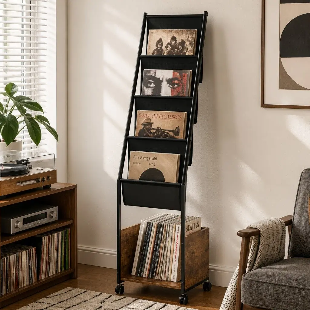 4-Tier Vinyl Record Player Stand Brown Black Storage Rack Holder Display Cabinet