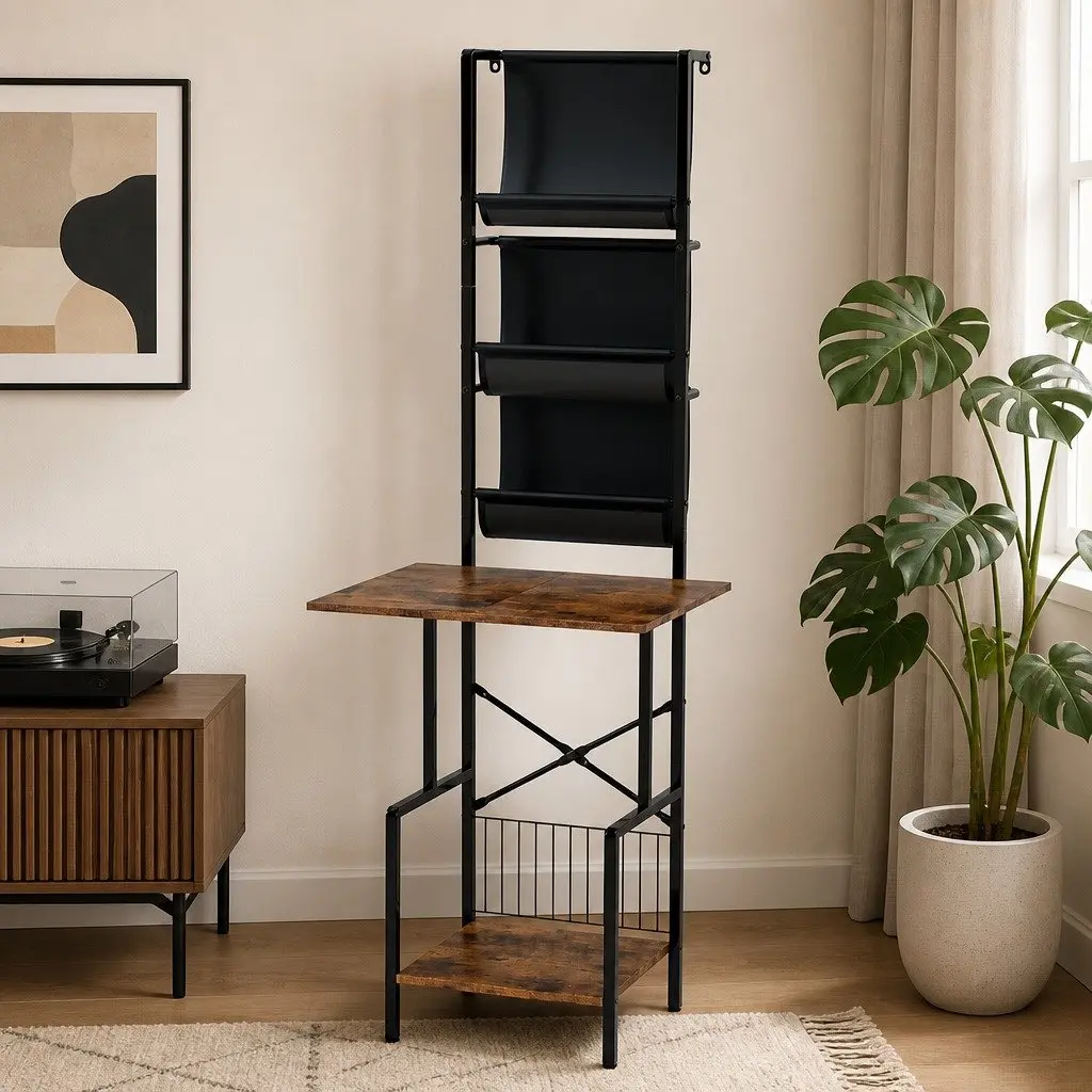 Record Player Stand Brown Black Tall Vinyl Storage Rack Holds Up to 200 Albums Turntable