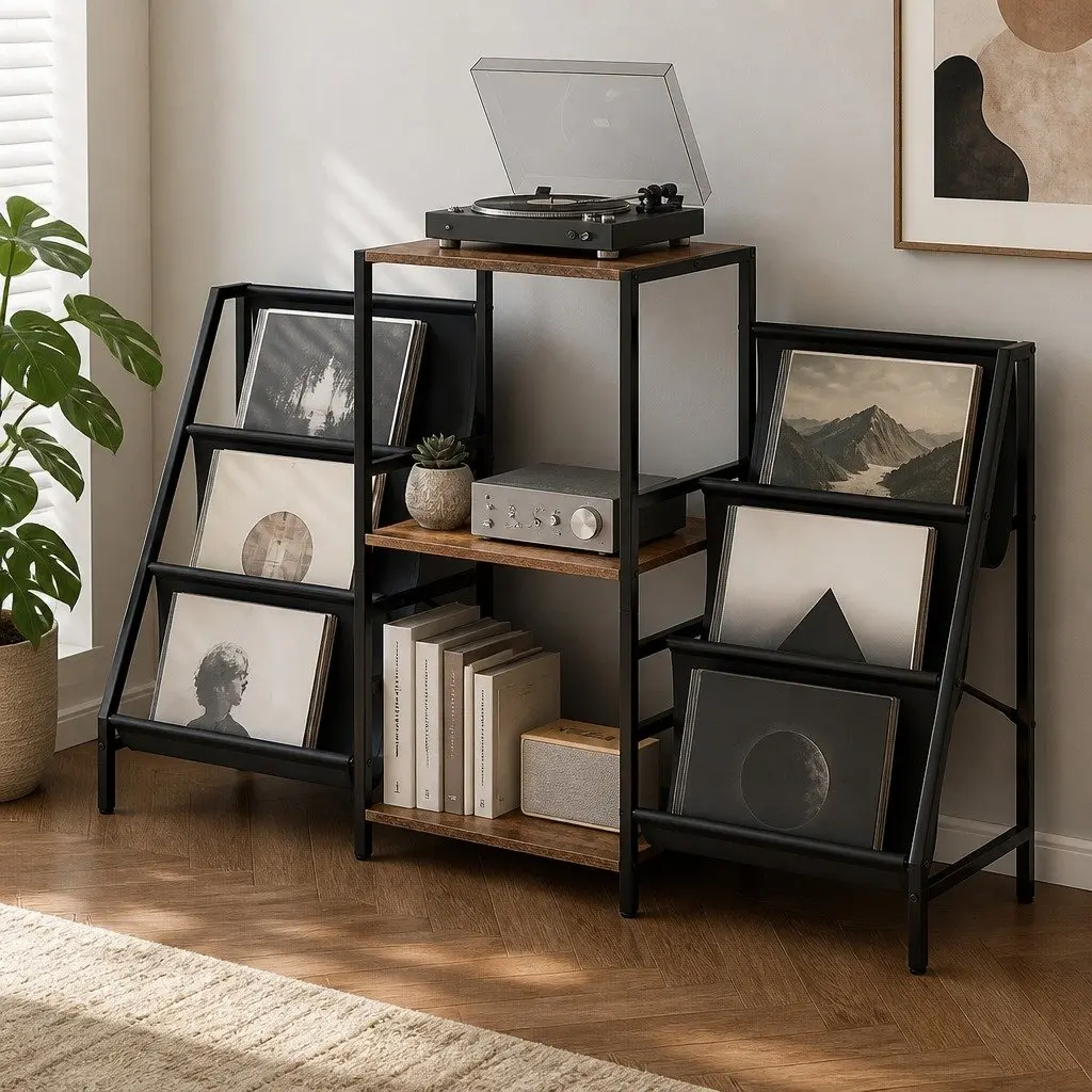 Record Player Stand Brown and Black Multi-Tier Vinyl Storage for Turntable Display