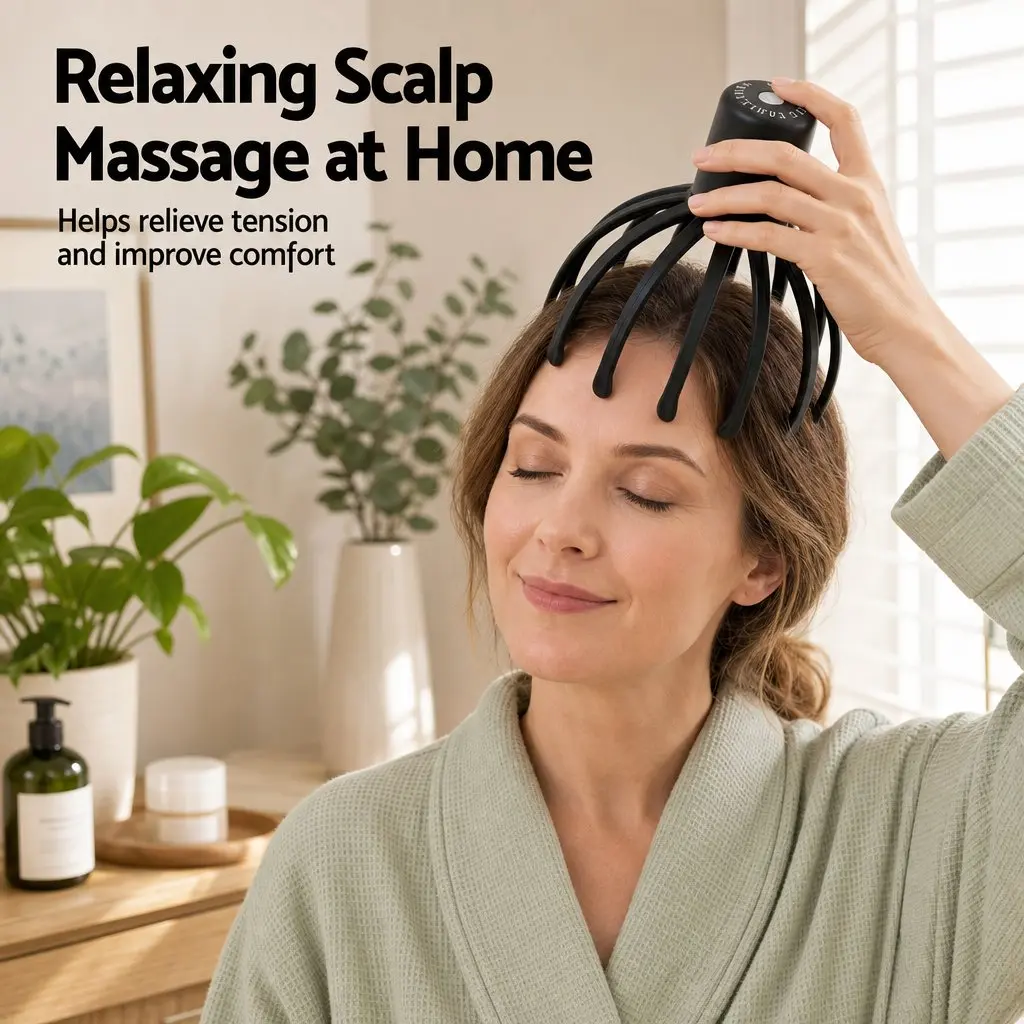 Head Massager Black Cordless Hands-Free 360 Degree Coverage Multi-Frequency Vibration