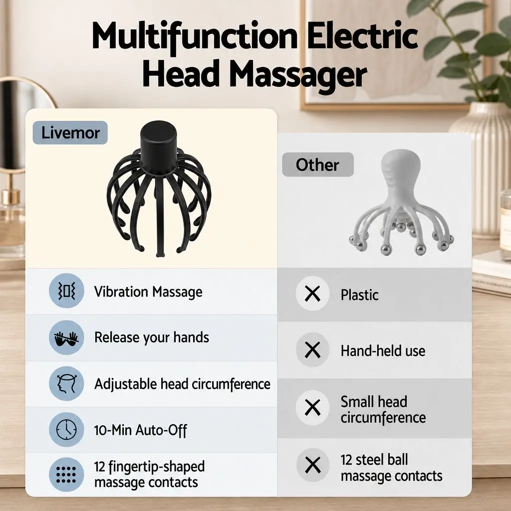 Head Massager Black Cordless Hands-Free 360 Degree Coverage Multi-Frequency Vibration