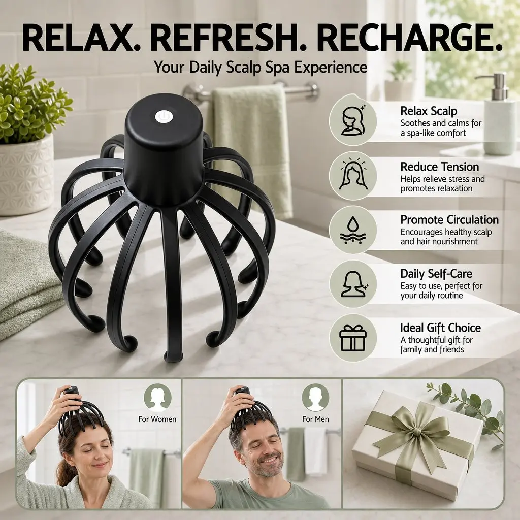Head Massager Black Cordless Hands-Free 360 Degree Coverage Multi-Frequency Vibration