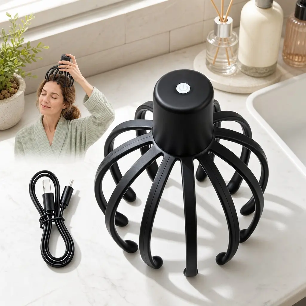 Head Massager Black Cordless Hands-Free 360 Degree Coverage Multi-Frequency Vibration