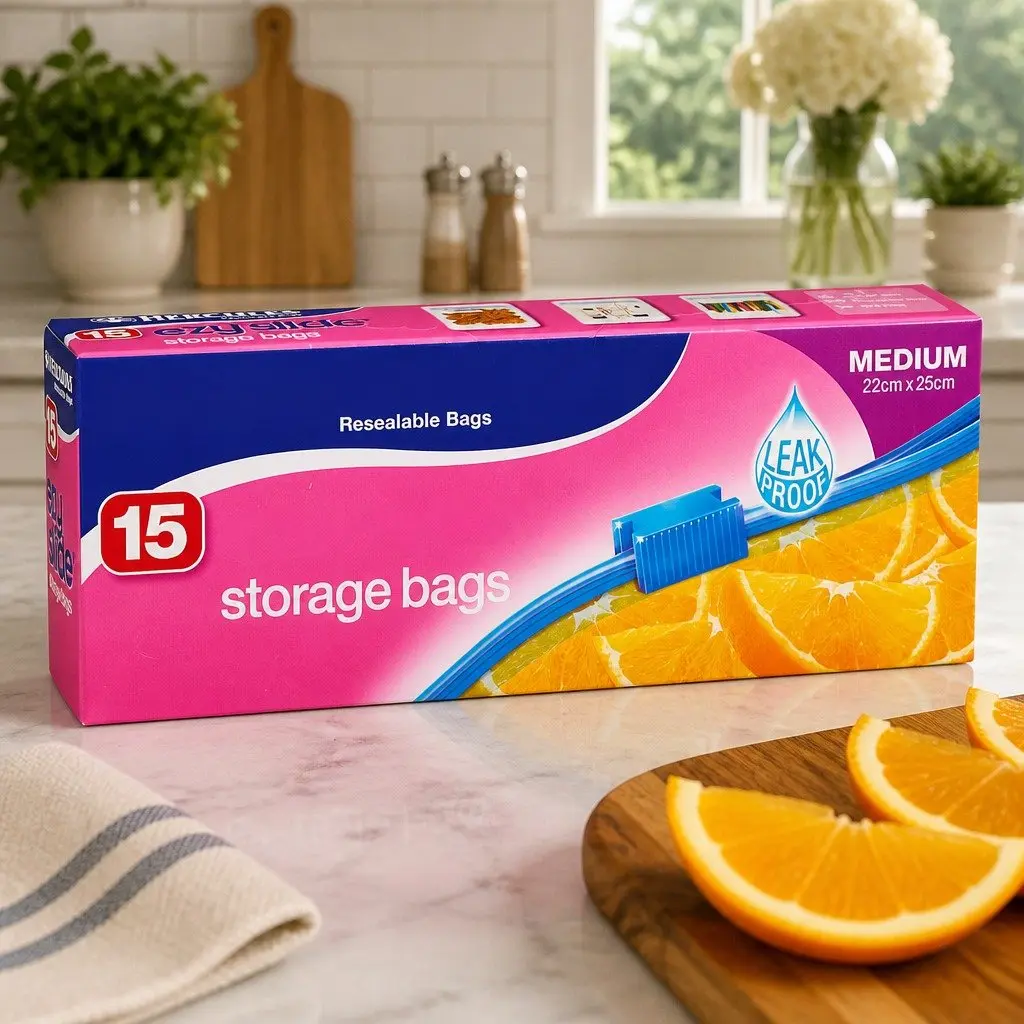 Medium Storage Bags Slide Seal 15pk x5 Pantry Food Snack Household Organiser