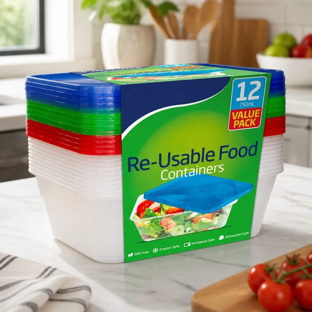 Takeaway Food Containers 750ml 12pk x5 Microwave Safe Stackable Meal Prep Boxes