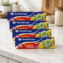 Medium Storage Bags 15 Pack x5 Clear Resealable Food Pantry Organisation