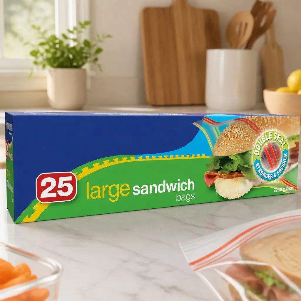 Large Sandwich Bags 25pk x5 Resealable Clear Food Storage Bags Lunch Snacks