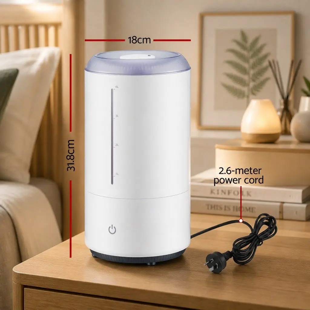Ultrasonic Humidifier White 4L Top Fill Quiet Bedroom Mist