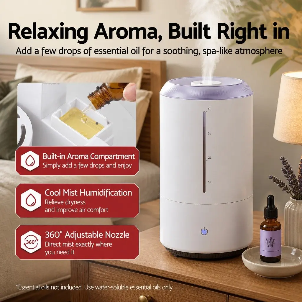 Ultrasonic Humidifier White 4L Top Fill Quiet Bedroom Mist