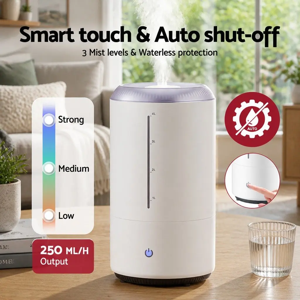 Ultrasonic Humidifier White 4L Top Fill Quiet Bedroom Mist
