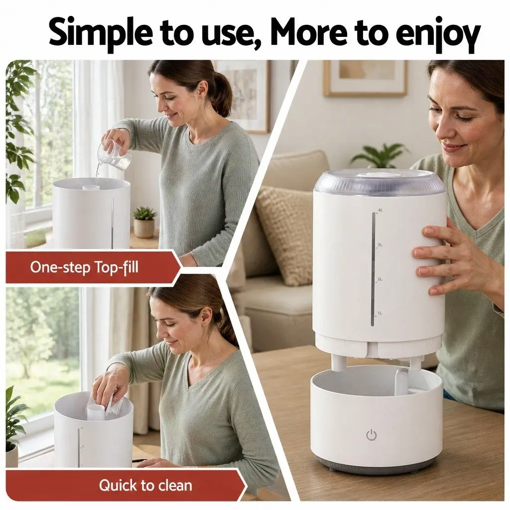 Ultrasonic Humidifier White 4L Top Fill Quiet Bedroom Mist