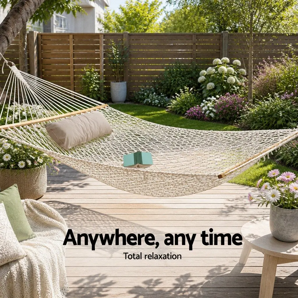 Hammock Cream 340cm Cotton Rope 2 Person Outdoor Indoor Hanging Bed Chair