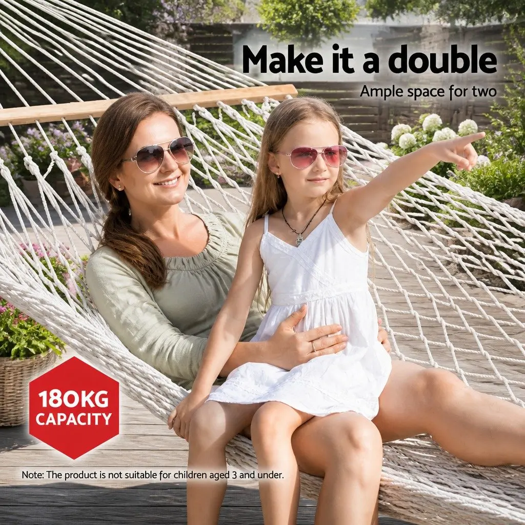 Hammock Cream 340cm Cotton Rope 2 Person Outdoor Indoor Hanging Bed Chair