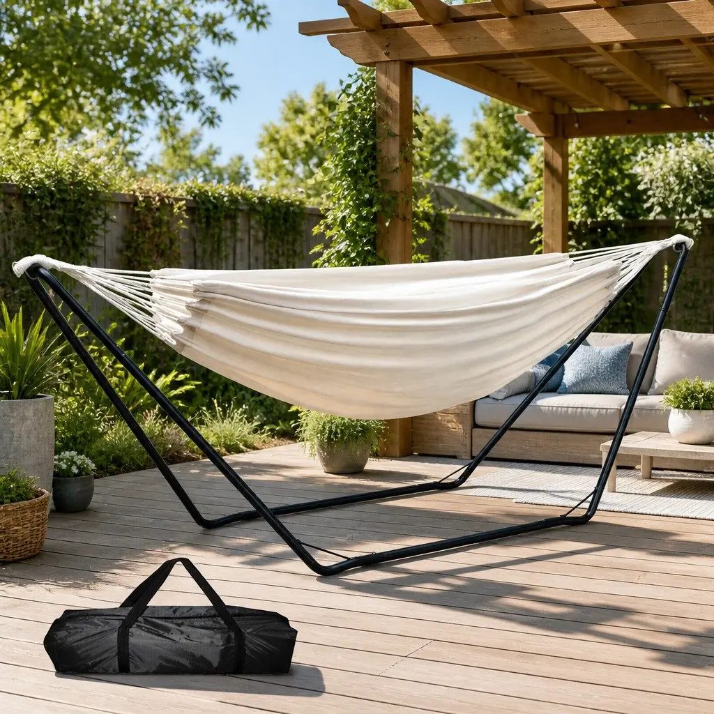 Hammock Bed Cream Portable Steel Frame Indoor Outdoor Relaxation