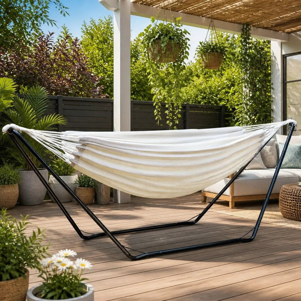 Hammock Bed Cream Portable Steel Frame Indoor Outdoor Relaxation